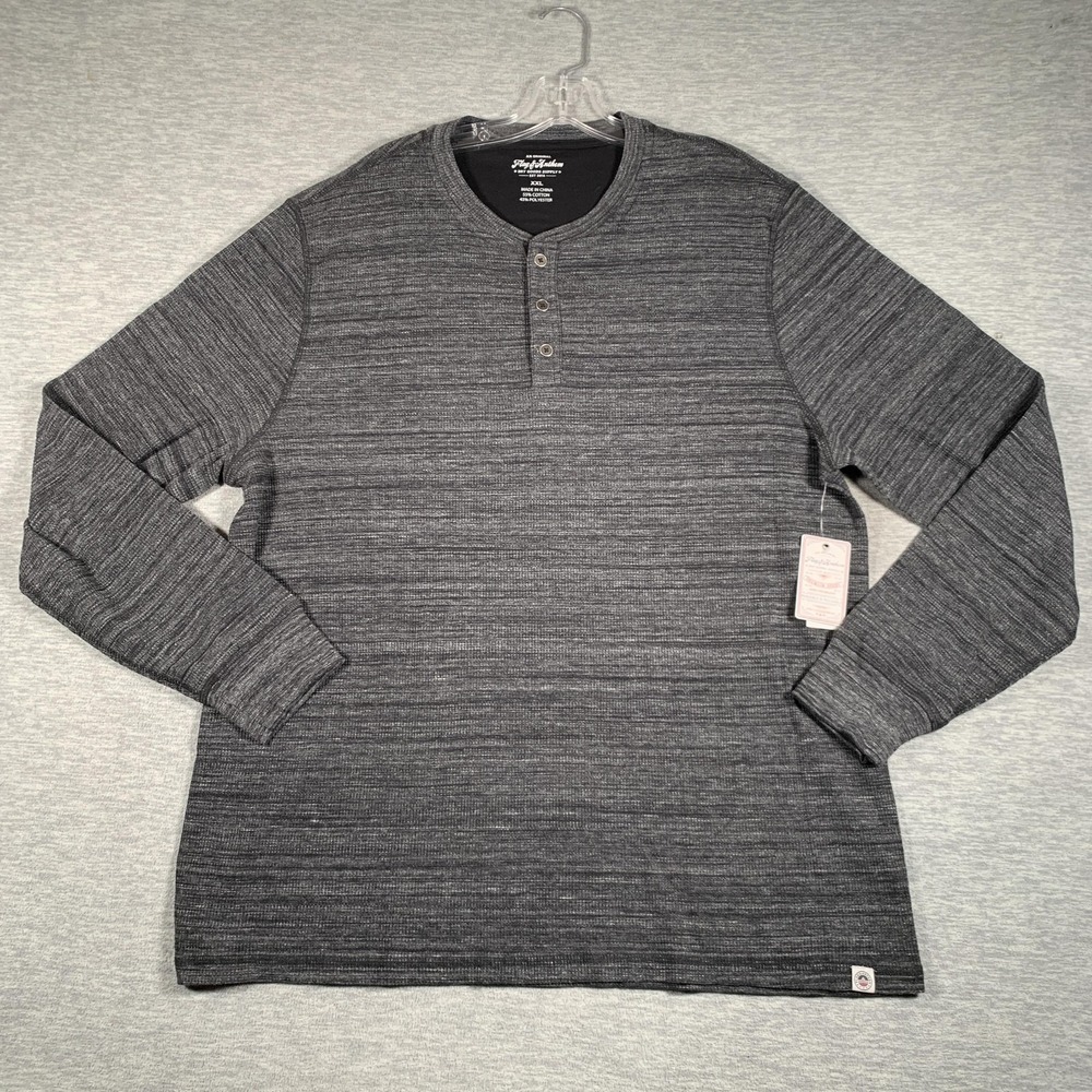 Flag & Anthem Henley Shirt Mens 2XL Black Gray Long Sleeve Crewneck Knit Striped